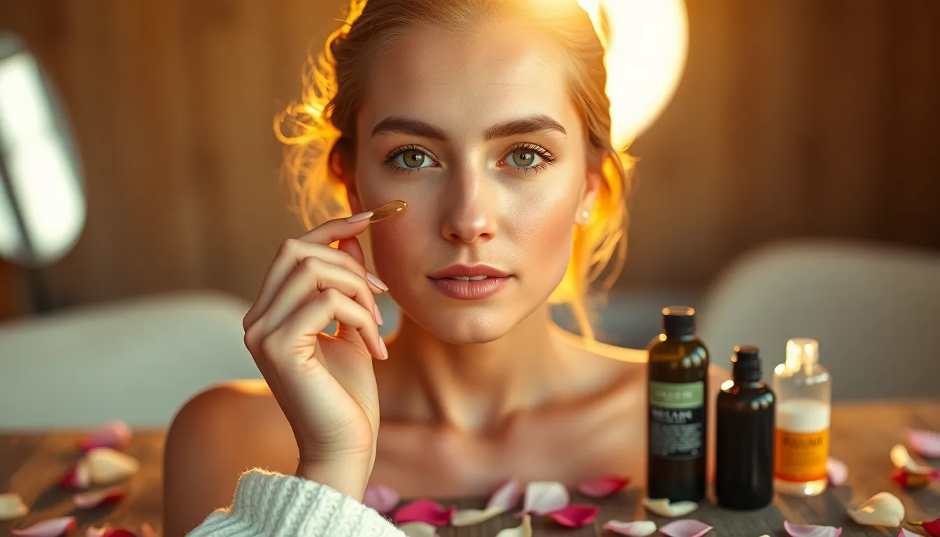 Woman Applying Serum with Skincare Products A serene scene featuring a woman in soft morning light, gently applying a skincare serum to her face. The warm hues of golden hour enhance her natural beauty, revealing delicate skin textures and freckles. Surrounded by glass skincare bottles and rose petals on a rustic table, this image evokes a feeling of tranquility and self-care. The composition draws the viewer's eye to her focused expression and the shimmering product in her hand.