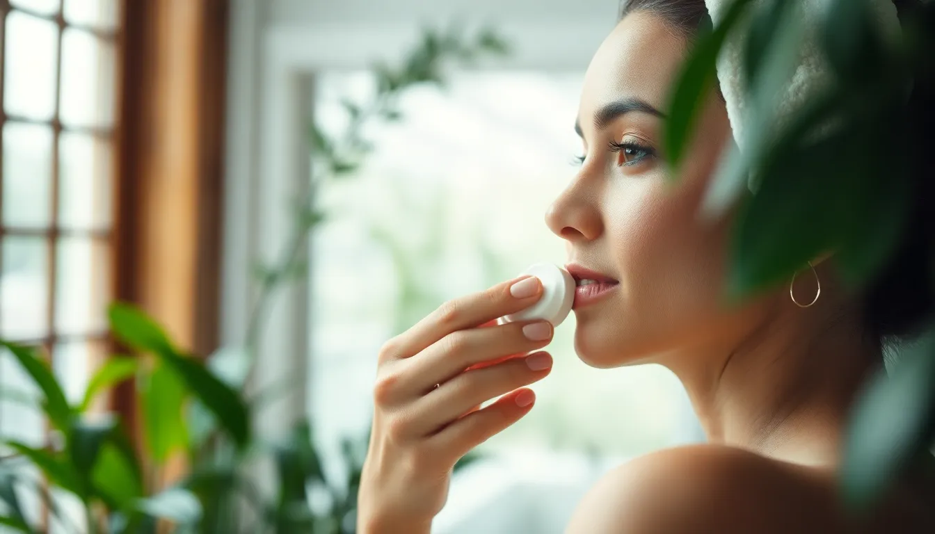 A serene indoor scene where a woman with natural skin is applying moisturizer to her face, illuminated by soft, diffused daylight from large windows. The background is filled with lush green plants, creating a calming ambiance. The image captures the delicate textures of her skin and the product, with a focus on natural beauty. Soft pastel colors enhance the overall tranquility of the moment.