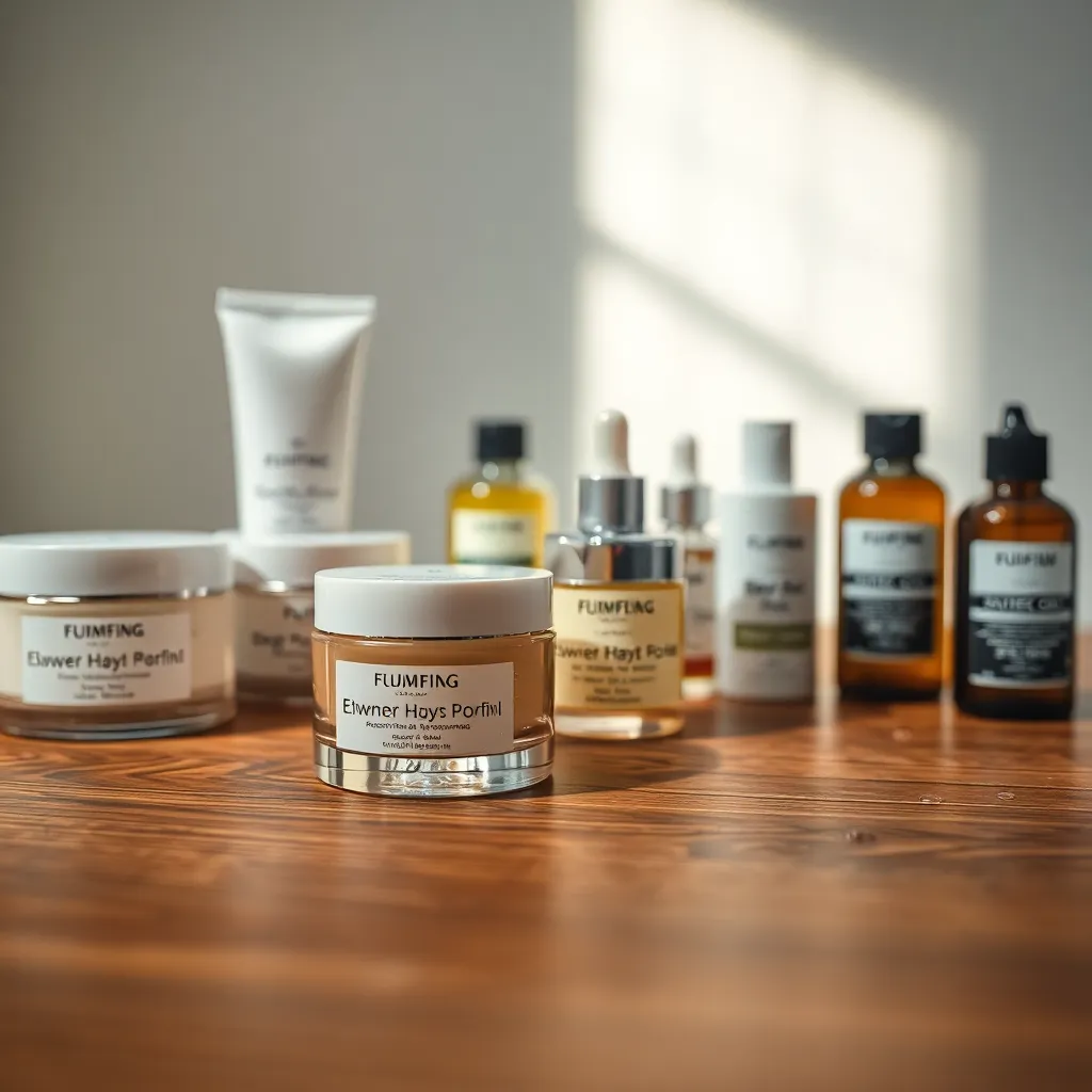 This macro shot features an array of luxurious skincare products elegantly arranged on a polished oak table. The butterfly lighting emphasizes the textures and colors, showcasing the beauty of each product. Glimmering droplets of hydration enhance the visual appeal, inviting viewers into the world of skincare. The soft, creamy highlights and the warm hues create an inviting and luxurious atmosphere.