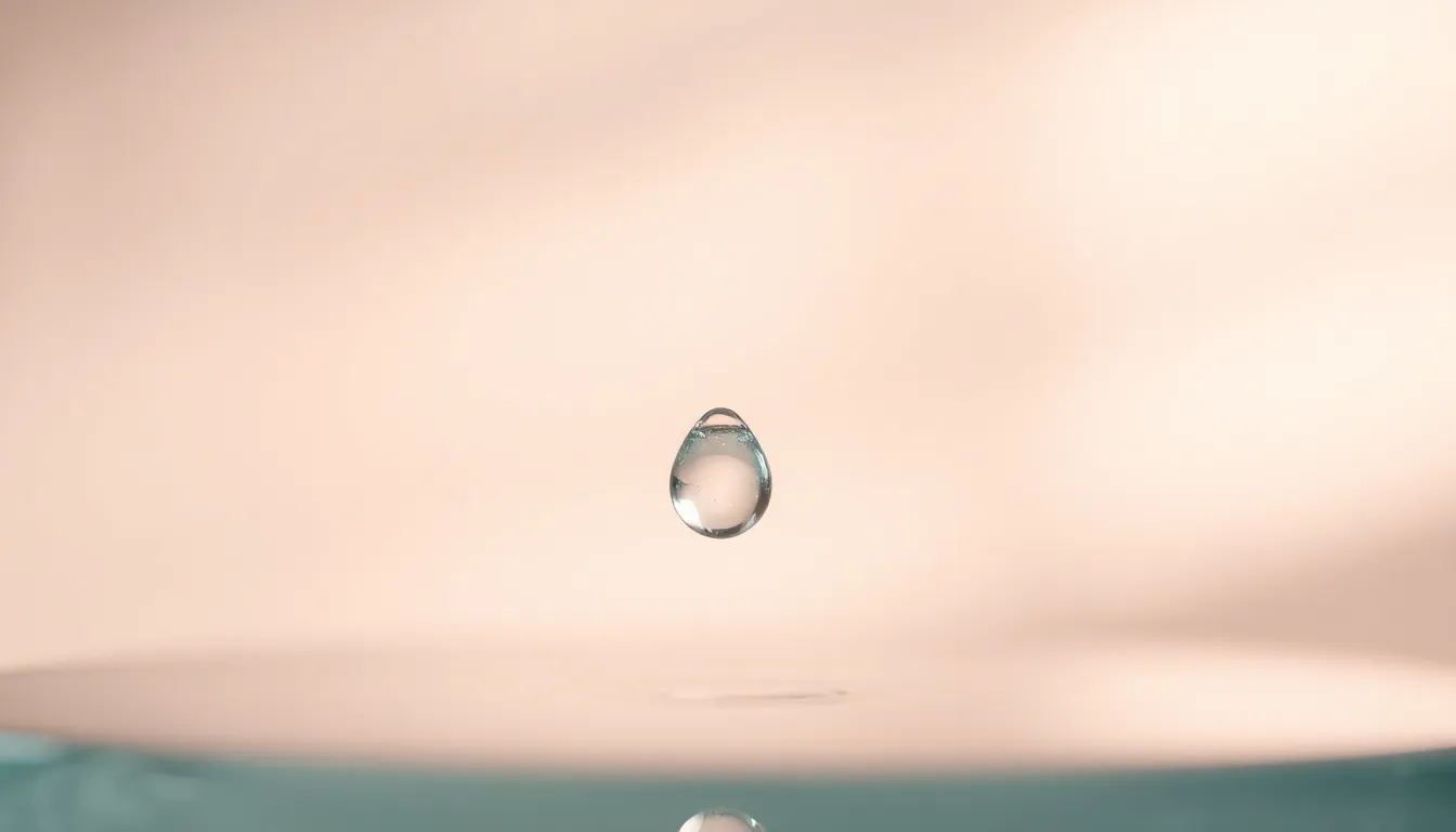 A stunning macro shot of a droplet of skincare serum resting on a glossy glass surface, illuminated by soft, diffused lighting. The image highlights the intricate details and texture of the serum, showcasing its clarity and smoothness. The natural and muted color palette emphasizes the purity of the product, creating an inviting feel. Centered composition captures the allure of this skincare essential, making it a striking visual for beauty enthusiasts.
