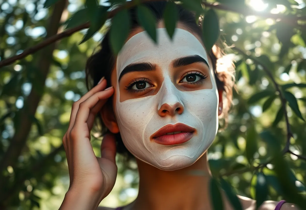 Natural Beauty: Facial Mask Application Outdoors A captivating image of a model applying a facial mask in a serene outdoor setting surrounded by lush greenery. Dappled sunlight filters through the tree canopy, creating enchanting bokeh highlights that complement her natural beauty. The soft focus on her face contrasts beautifully with the intricate texture of the mask, enhancing the organic feel of the scene. This image embodies the essence of nature-inspired skincare, ideal for eco-friendly brands.
