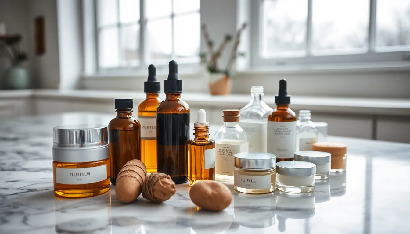 A macro shot reveals an array of skincare ingredients artfully displayed on a polished marble countertop. The overcast light diffuses beautifully, highlighting the textures of oils and creams within elegantly designed glass containers. Natural, muted tones dominate the scene, creating a calm and sophisticated ambiance that speaks to the quality of the products. This composition effectively showcases the beauty and artistry involved in the formulation of skincare.