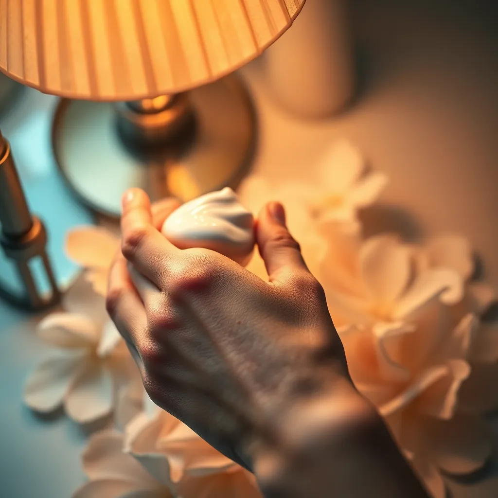 Close-up of Hand Applying Moisturizer with Flowers This intimate close-up captures the delicate moment of a hand applying moisturizer, surrounded by soft flower petals. The warm lighting highlights the rich textures of the cream and the skin, creating an inviting and luxurious atmosphere. With a focus on detail and a shallow depth of field, the image immerses the viewer in a soothing skincare ritual. The natural tones further enhance the beauty of this serene moment.