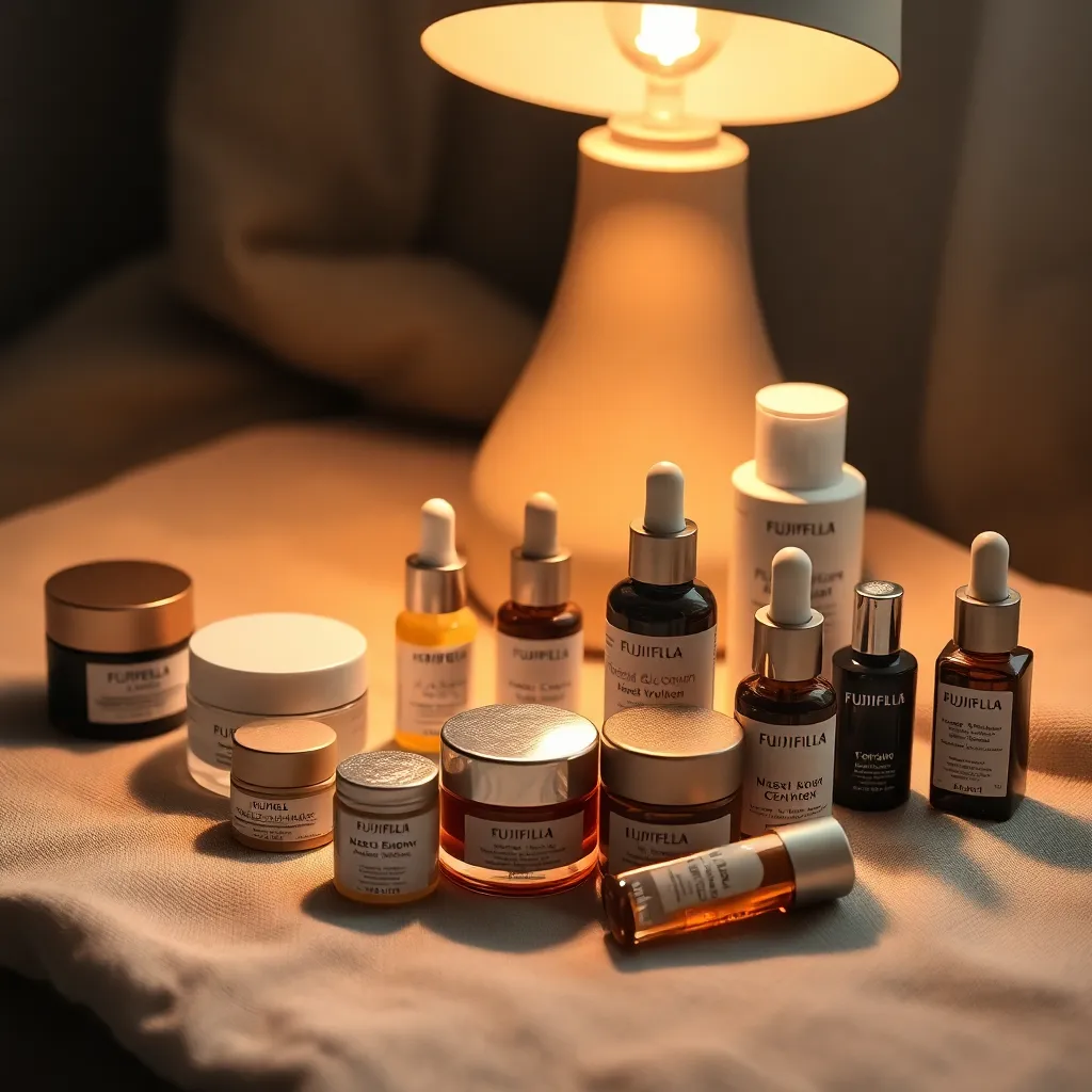 A beautifully arranged flat lay of luxurious skincare products on textured linen fabric, illuminated by warm tungsten light. The rich color palette of browns and golds exudes opulence, while the macro focus reveals intricate details of each product's packaging. The carefully organized layout invites the viewer to explore the beauty of self-care, making it a perfect depiction of luxurious skincare.