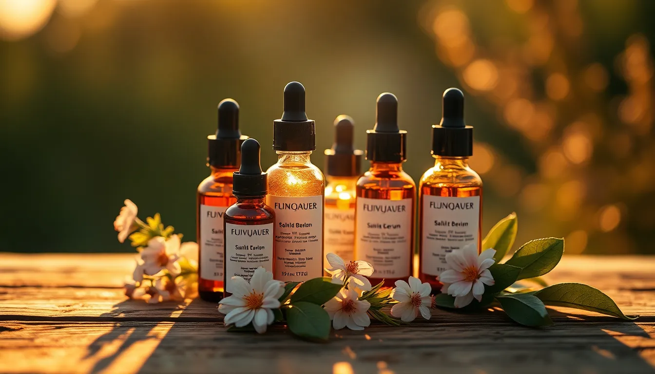 An artistic display of elegant skincare products captures the essence of luxury and nature. Backlit during golden hour, the scene glows with warm light, enhancing the glass serum bottles' elegance on a rich wooden surface. Floral elements blend harmoniously with the products, creating a serene and inviting atmosphere. The macro perspective adds intricate detail to both the packaging and surrounding textures, inviting viewers into a world of high-end skincare.