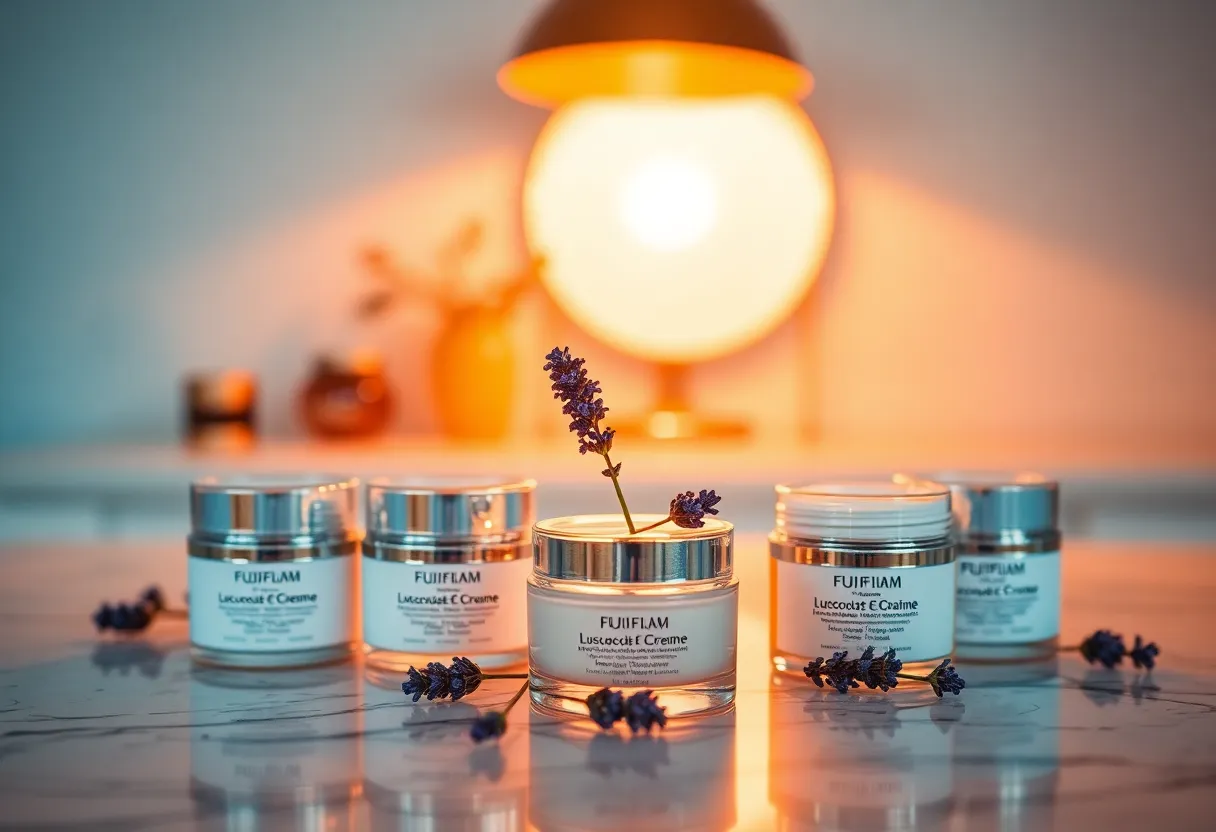 Luscious Skincare Creams on Marble Countertop A luxurious composition featuring an array of skincare creams artfully arranged on a marble countertop. The warm glow from a tungsten lamp casts a soothing light, enhancing the cream textures and their elegant jars. Lavender flowers delicately garnish the scene, adding a touch of refinement. This image’s cinematic color grading creates a sophisticated mood, making it ideal for showcasing high-end skincare products.