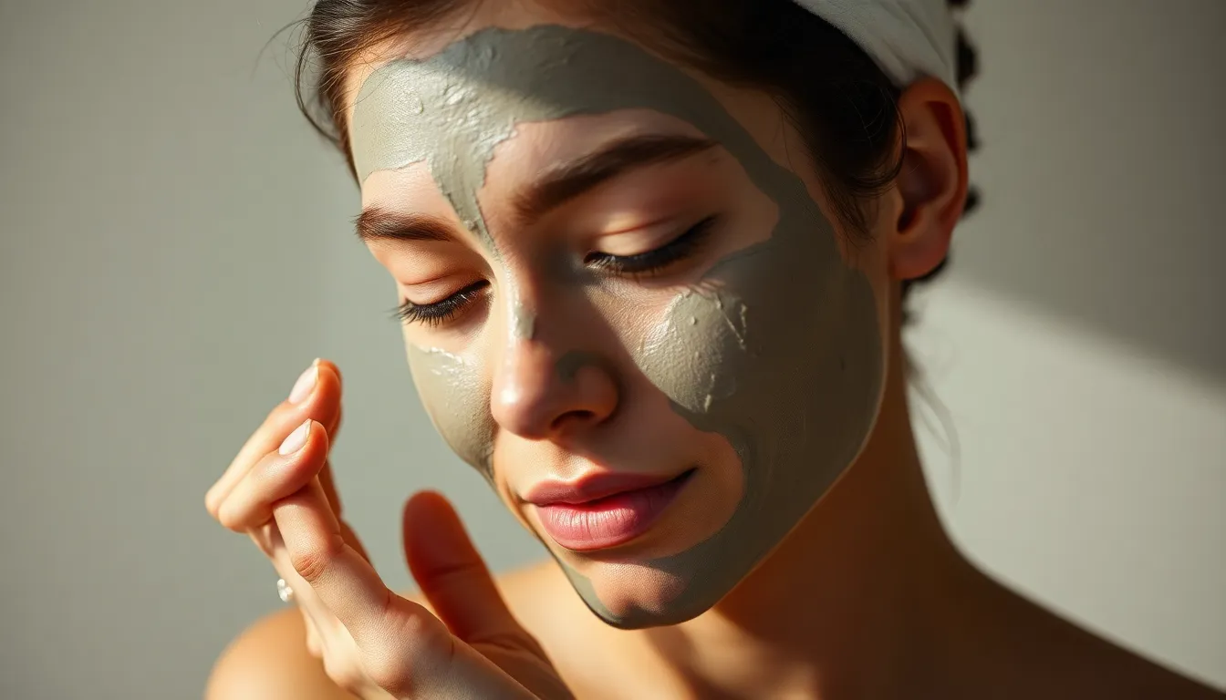 A young woman is captured mid-application of a clay mask, showcasing the tranquility of her skincare routine. Butterfly lighting enhances her features while softly sculpting her face, creating a serene mood. With natural skin textures visible, the focus is on the calming effects of skincare. The muted color palette adds to the organic feel, while the composition draws attention to the model's engaged expression, inviting viewers to share in her moment of self-care.
