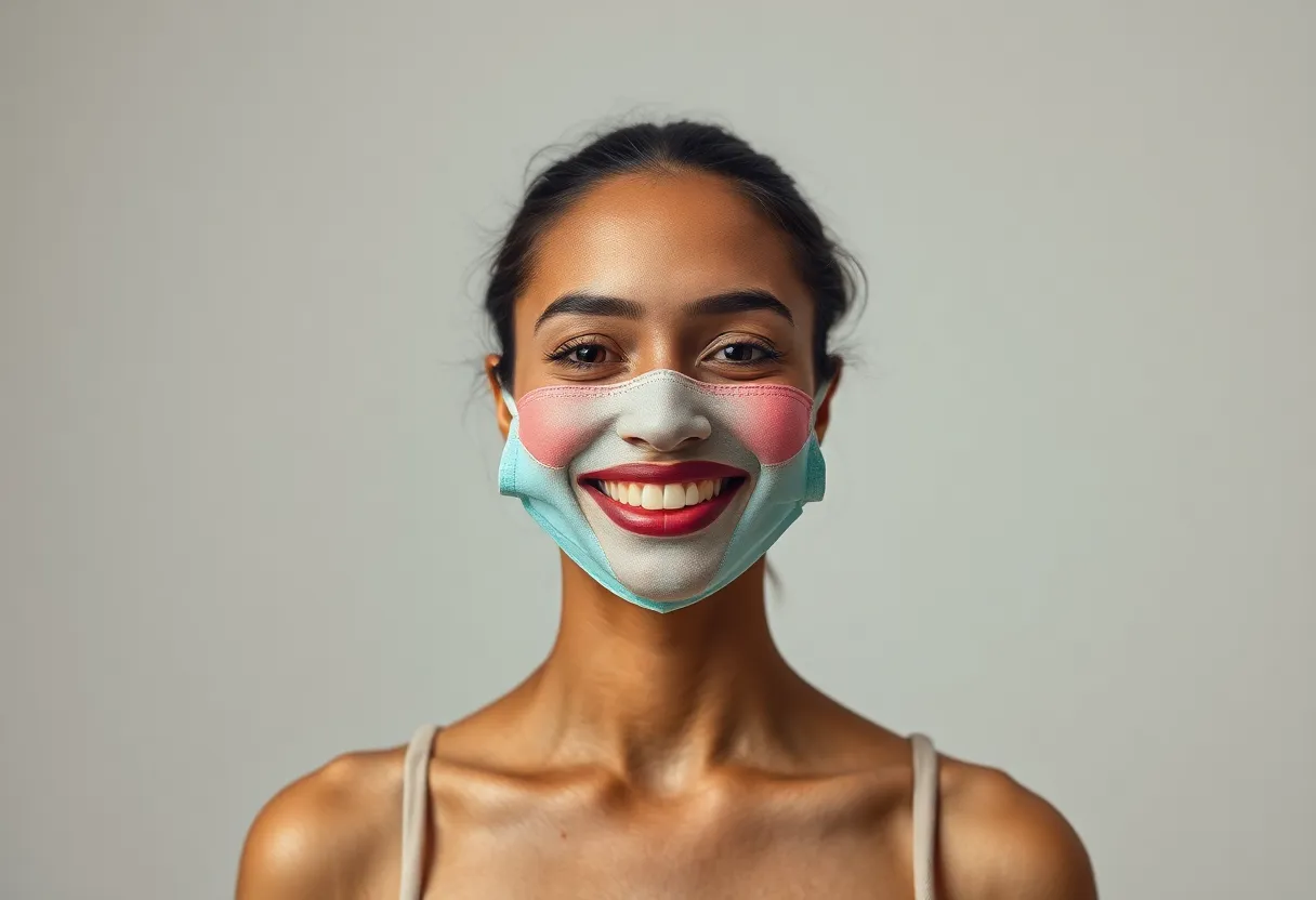 This dynamic studio portrait features a model confidently showcasing a vibrant skincare mask. The soft shadows from a three-point lighting setup enhance her joyful expression and the beauty of the mask. The desaturated pastel background allows the mask's rich color to pop, creating a striking contrast. With a centered composition, the image invites viewers to explore the world of fun and colorful skincare.
