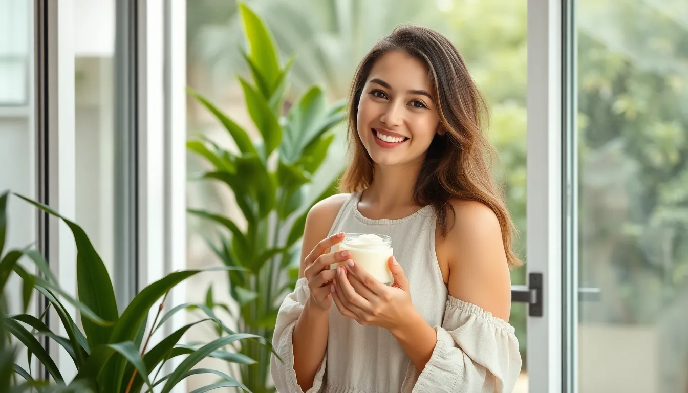 A joyful model stands amongst lush greenery, embodying freshness and vitality during her skincare ritual. Soft, overcast light provides a gentle glow, enhancing the natural texture of her skin and the cream jar she holds. With her linen dress blending seamlessly with the vibrant environment, the image underscores the connection between nature and beauty. Earthy tones dominate the color palette, inviting viewers to appreciate the serene atmosphere of skincare amidst nature.