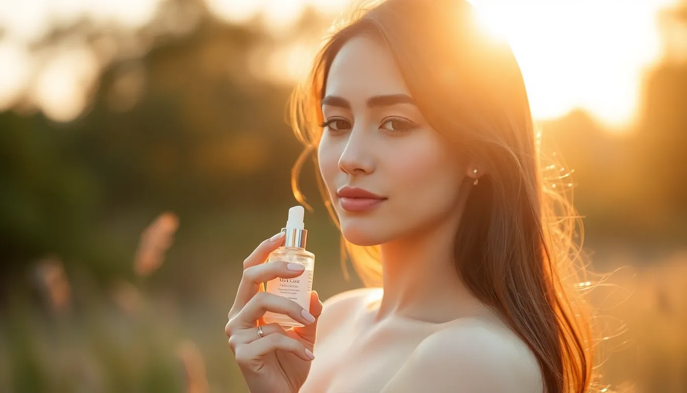 A tranquil moment as a woman enjoys her skincare ritual during golden hour. The warm sunlight creates a beautiful glow, enhancing her natural features while illuminating her gentle smile. Surrounded by lush greenery, the scene exudes calm and relaxation, reflecting the essence of self-care. The soft pastel colors and leading lines from foliage direct focus to the model and the skincare product she holds.