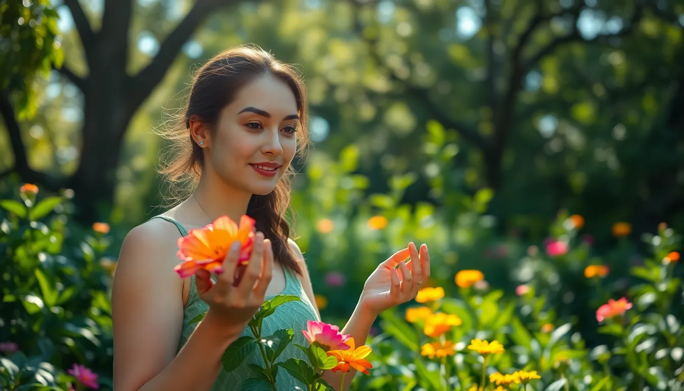 Exploring Natural Skincare Ingredients in Nature This vibrant image depicts a young woman amidst a lush botanical garden, engaged in exploring natural skincare ingredients. Sunlight filters through the greenery, creating bokeh highlights that enhance the colorful flowers surrounding her. The composition is dynamic, with leading lines drawing the viewer's eye towards her gentle interactions with the petals. The saturated colors and sharp details evoke a sense of wonder and curiosity about nature's beauty.