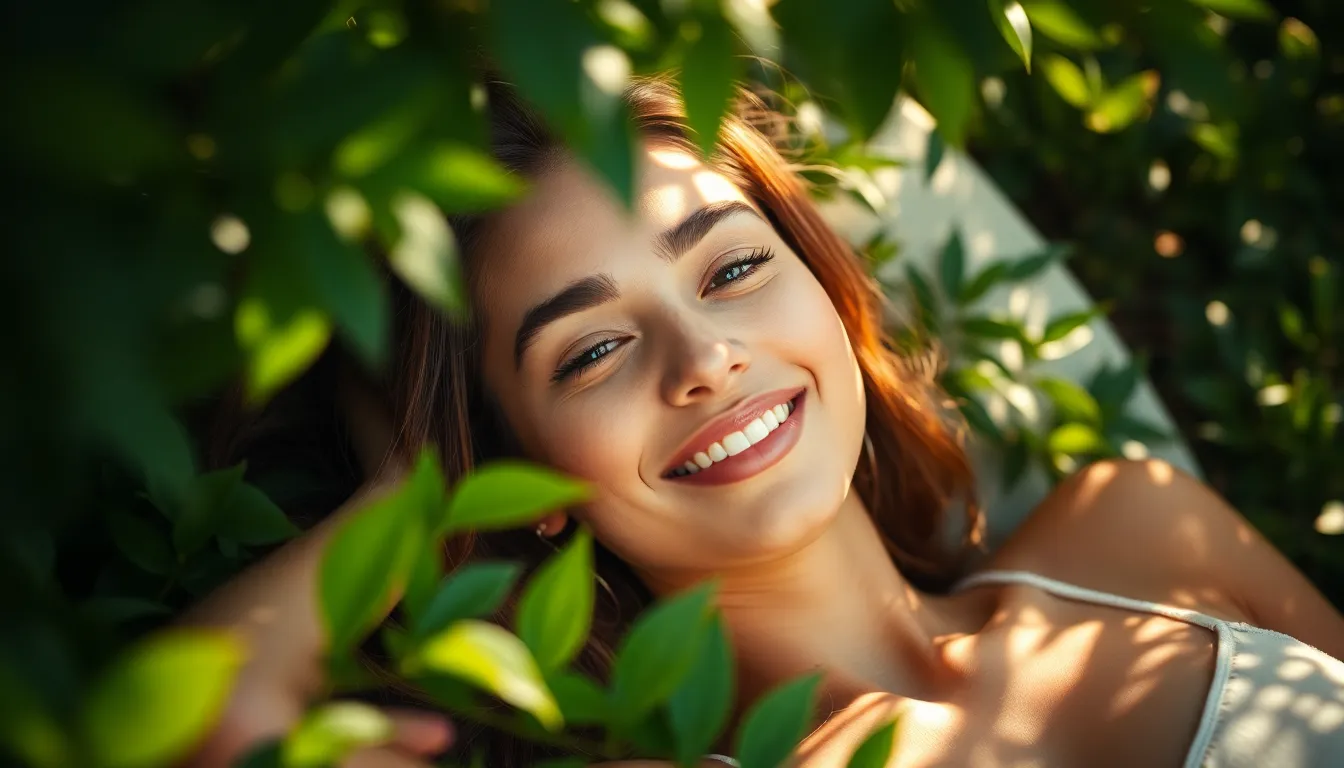 This vibrant outdoor scene features a model with radiant skin lounging amidst lush greenery. Dappled sunlight filters through the leaves, illuminating her natural beauty. The composition utilizes leading lines from surrounding plants, guiding the viewer's gaze toward her serene expression. This image captures the essence of skincare, promoting a healthy glow in a natural environment.