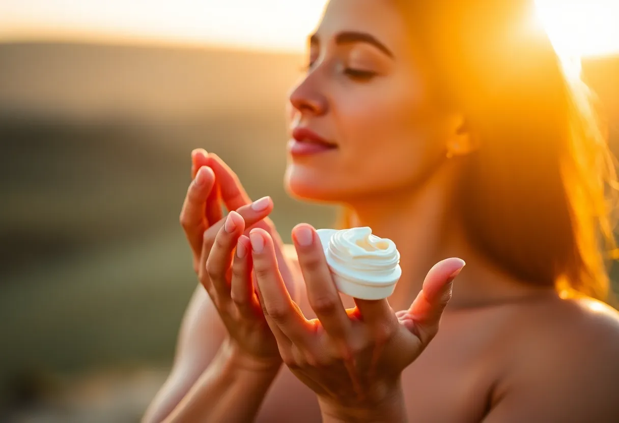 A close-up captures a woman's hands delicately applying a luxurious moisturizer as golden hour light creates a warm halo effect around her. The selective focus highlights the creamy texture of the product while the cinematic color grading enhances the visual appeal. The composition's leading lines draw the viewer's attention to the application process, making it an ideal representation of self-care and beauty rituals. This moment beautifully embodies the essence of skincare.