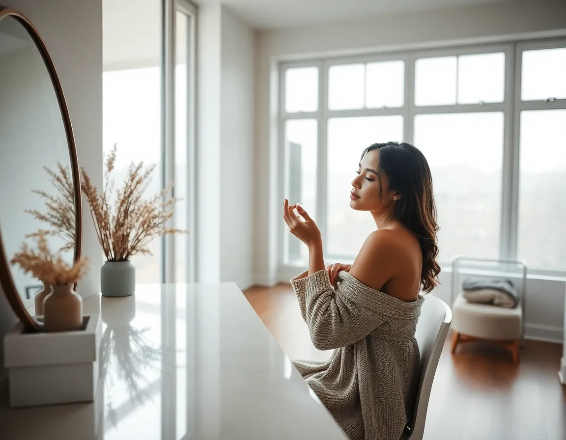 Minimalist Skincare Ritual at a Vanity A minimalistic skincare ritual unfolds at a serene vanity, where a model applies serum with a tranquil expression. The overcast daylight filters beautifully through the windows, creating a soft and inviting atmosphere. The composition utilizes leading lines to draw the viewer's eye toward her, while the natural muted tones enhance the calmness of the scene. This image is ideal for brands promoting simplicity and self-care in skincare routines.