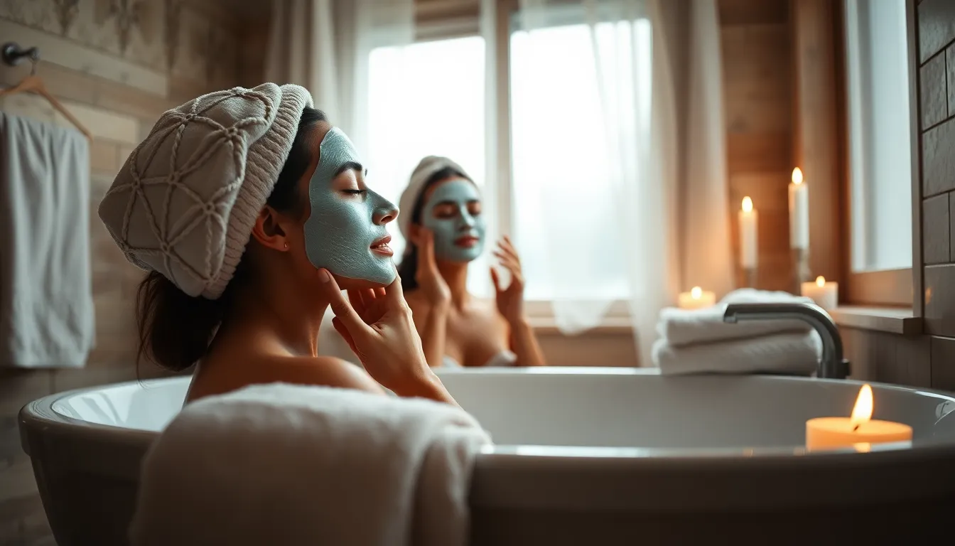 Relaxing Skincare Routine in Cozy Bathroom This tranquil image portrays a model indulging in a skincare routine in a beautifully arranged bathroom. Soft, diffused daylight creates a calming ambiance as she applies a facial mask surrounded by towels and candles. The muted color palette complements the serene setting, enhancing the sense of relaxation and self-care. With a focus on her calm expression, this image invites viewers to embrace their own moments of pampering.