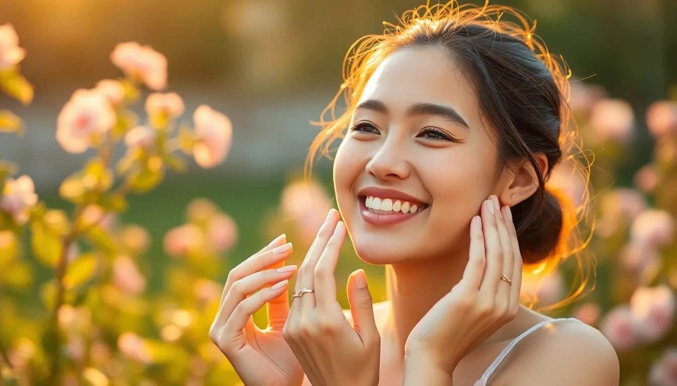 A young woman radiates joy while applying skincare products in a vibrant sunlit garden during golden hour. Backlighting enhances her natural beauty, creating a warm glow that complements the rich colors of blooming flowers around her. The scene captures the essence of a refreshing skincare ritual, emphasizing connection with nature. The symmetrical composition draws the viewer into her serene moment.
