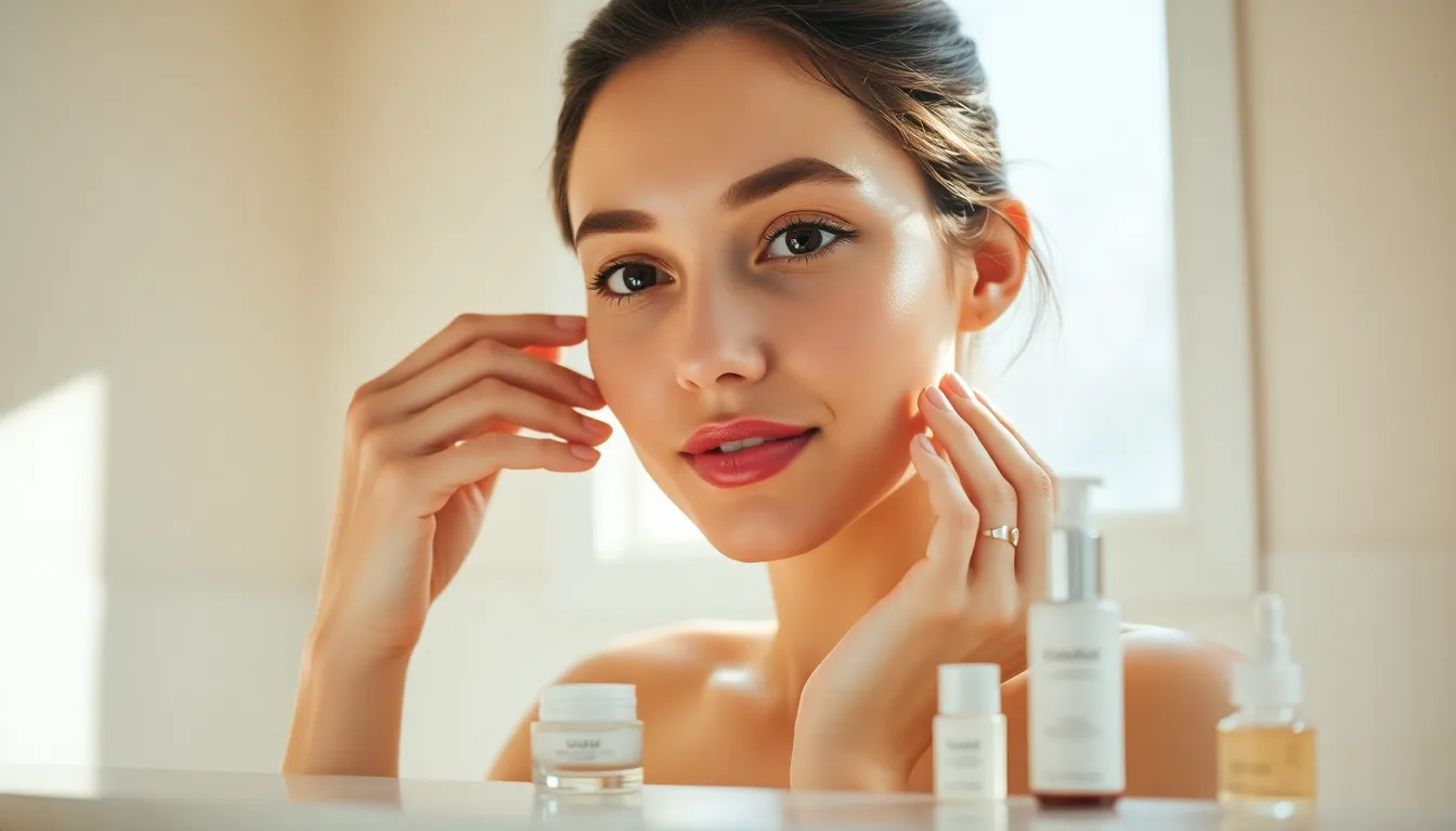 This image captures a serene moment of a woman in a bright, sunlit bathroom as she applies moisturizer to her face. The soft, natural light enhances her healthy skin, while the warm pastel tones of the bathroom create a calming atmosphere. The clean composition focuses on her expression, with luxurious skincare products tastefully arranged on the countertop. This scene evokes feelings of freshness and self-care, making it ideal for skincare and beauty branding.