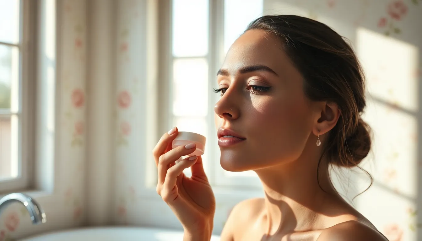 A model is seen applying cream to her face in a sunlit bathroom, surrounded by pastel decor. The warm, soft lighting enhances her natural beauty, showcasing the fresh and dewy skin. The carefully composed image uses the rule of thirds, placing the model off-center, creating a relaxed and inviting atmosphere.