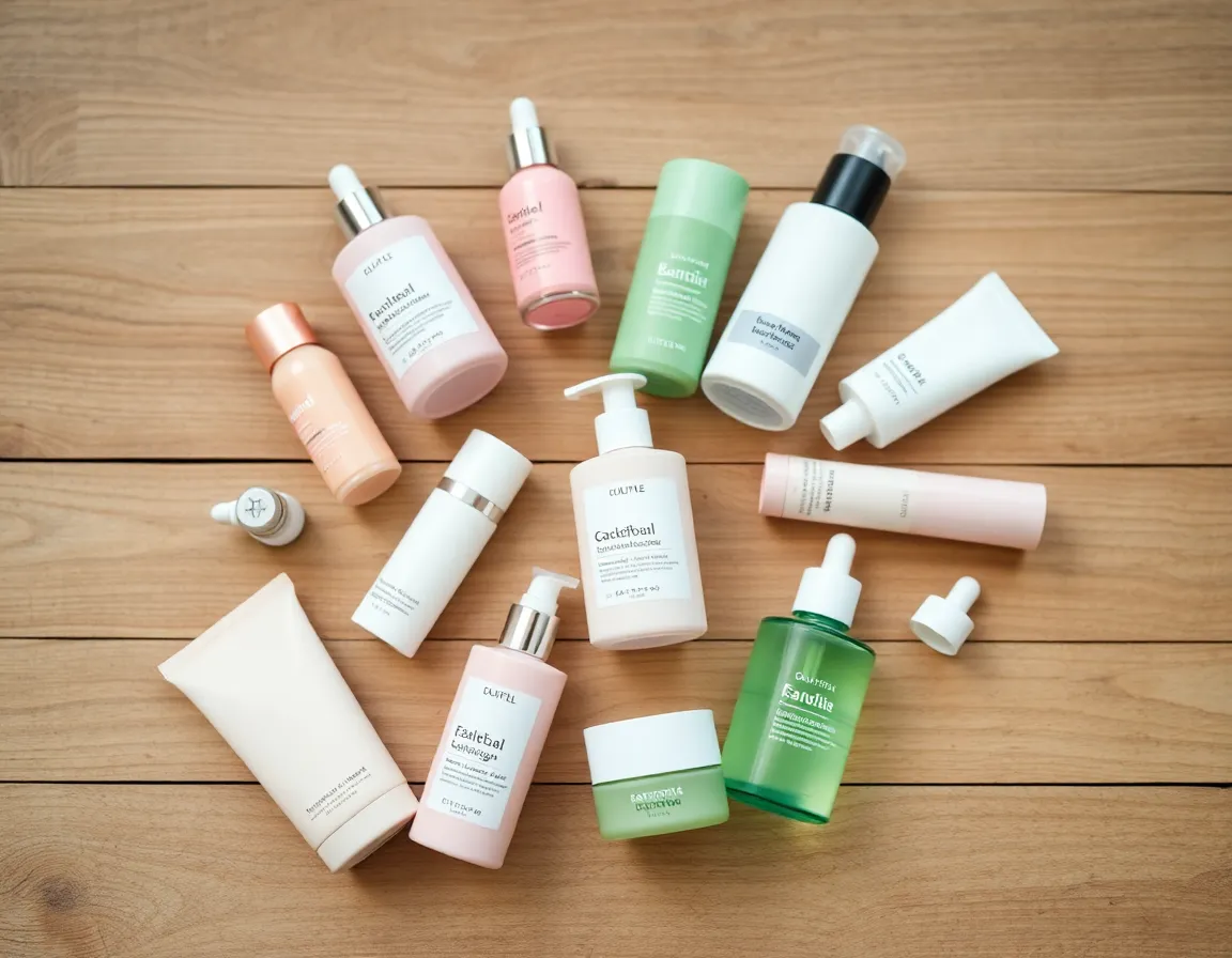 This flat lay photograph presents an aesthetically pleasing arrangement of skincare products on a textured wooden surface. Soft, natural light highlights the pastel colors of the bottles, conveying a sense of freshness and cleanliness. The circular composition draws the eye around the products, making it an ideal representation of modern skincare marketing. This image captures the essence of beauty and care, perfect for beauty brands and lifestyle publications.