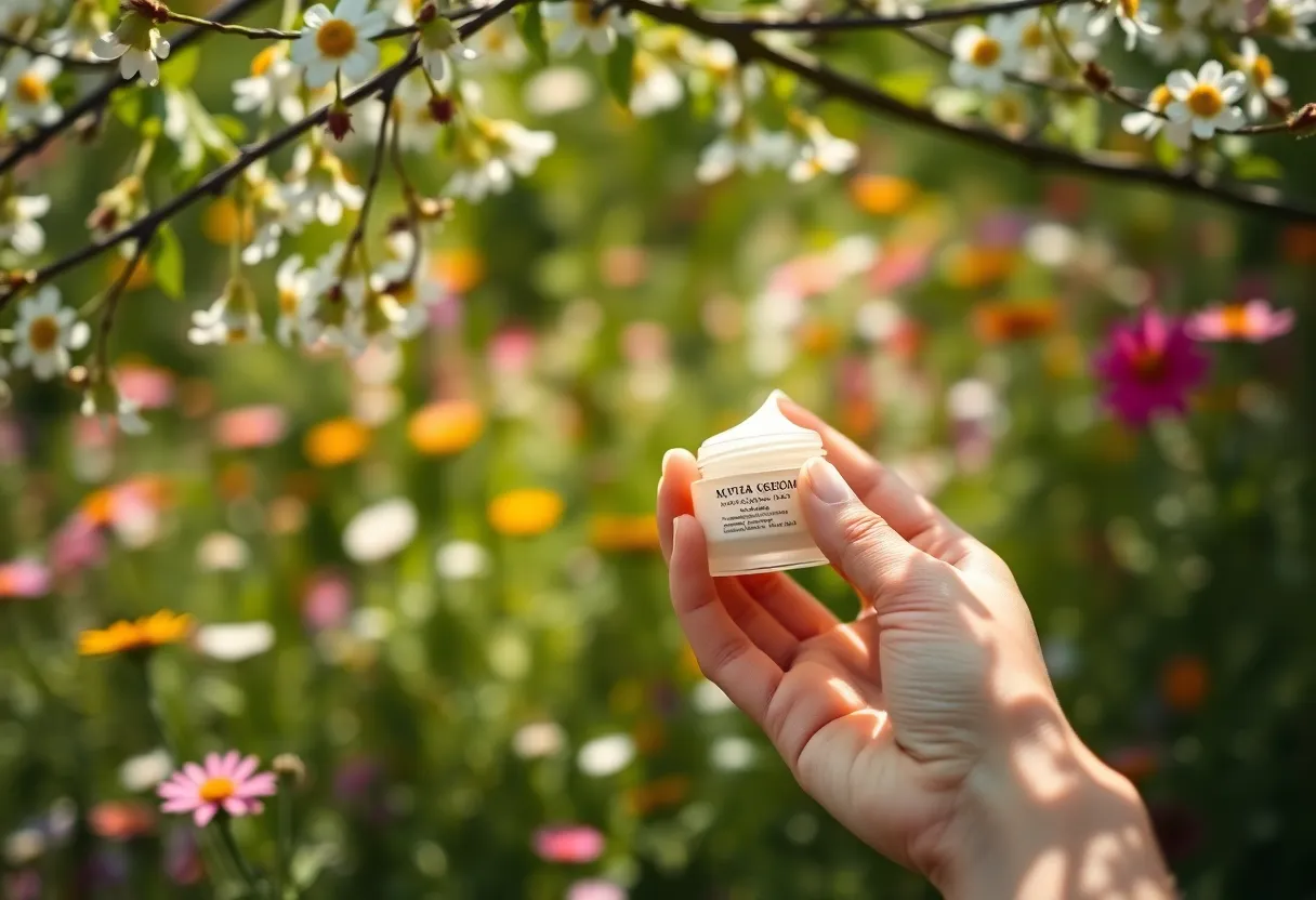 A close-up shot captures a hand gently cradling a small jar of facial cream, surrounded by bright wildflowers. Natural sunlight filters through the foliage, creating a dreamlike atmosphere with bokeh highlights. The vibrant colors of the flowers contrast beautifully with the cream jar, resulting in an inviting and fresh skincare setting.