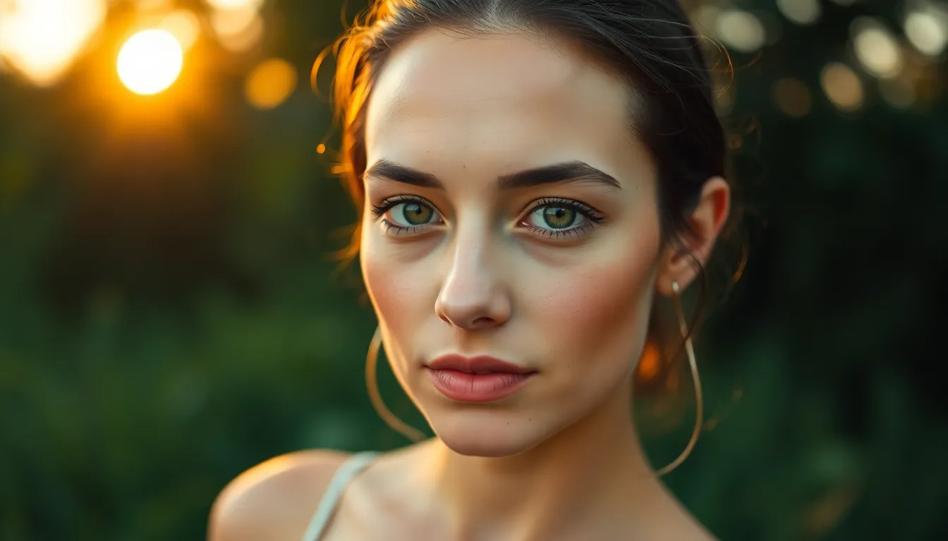 Radiant Skincare Routine at Golden Hour A serene skincare session captured during golden hour, showcasing a model applying lotion with a gentle expression. The warm light highlights her natural beauty and creates an inviting atmosphere. Surrounded by lush greenery, the scene exudes calm and tranquility, with soft bokeh in the background enhancing the focus on her glowing skin. Ideal for skincare brands aiming to evoke a sense of wellness and natural beauty.