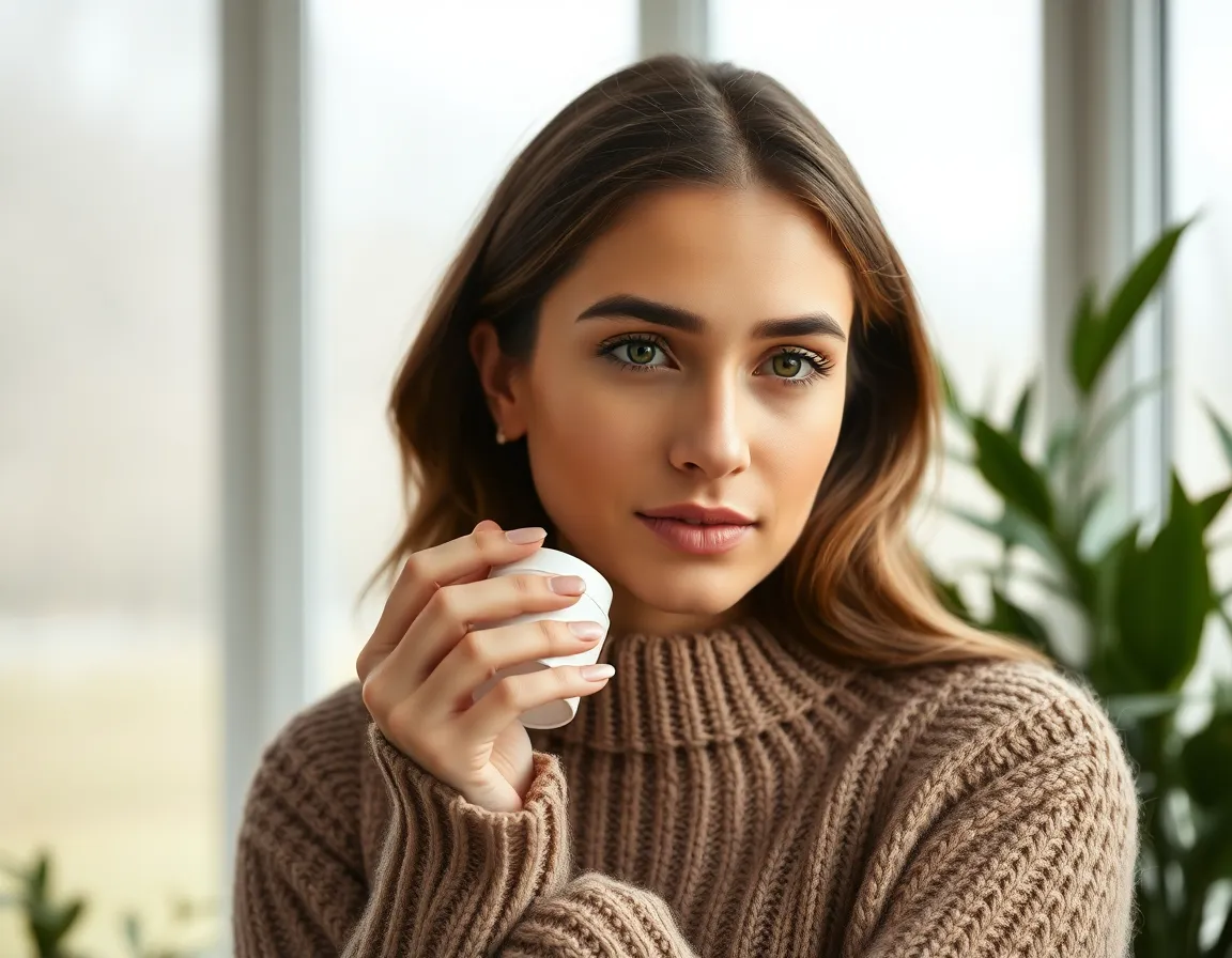 Cozy Skincare Routine by the Window A beautifully captured moment featuring a woman wrapped in a cozy sweater, indulging in her skincare routine by a large window. Overcast light creates a soft, diffused glow that highlights her natural beauty and the texture of her skin. The serene atmosphere is enhanced by soft green plants framing the scene, promoting a sense of tranquility. This intimate setting invites viewers into a world of self-pampering and relaxation.