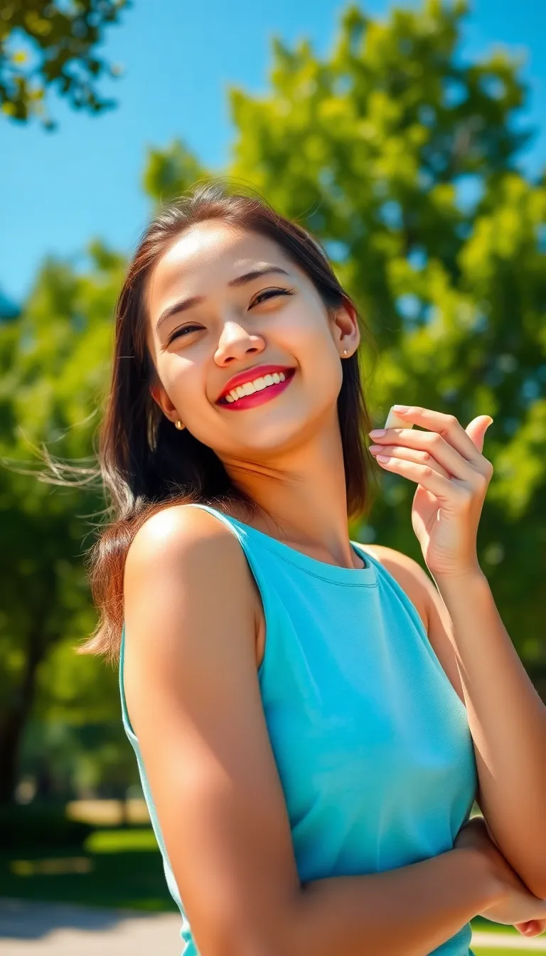 A young woman is captured in a sunny park applying sunscreen, embodying the spirit of summer. The warm sunlight enhances her glowing skin and creates a lively atmosphere around her. With a cheerful color palette and a rule of thirds composition, the image conveys a sense of freedom and joy, promoting healthy skincare habits.