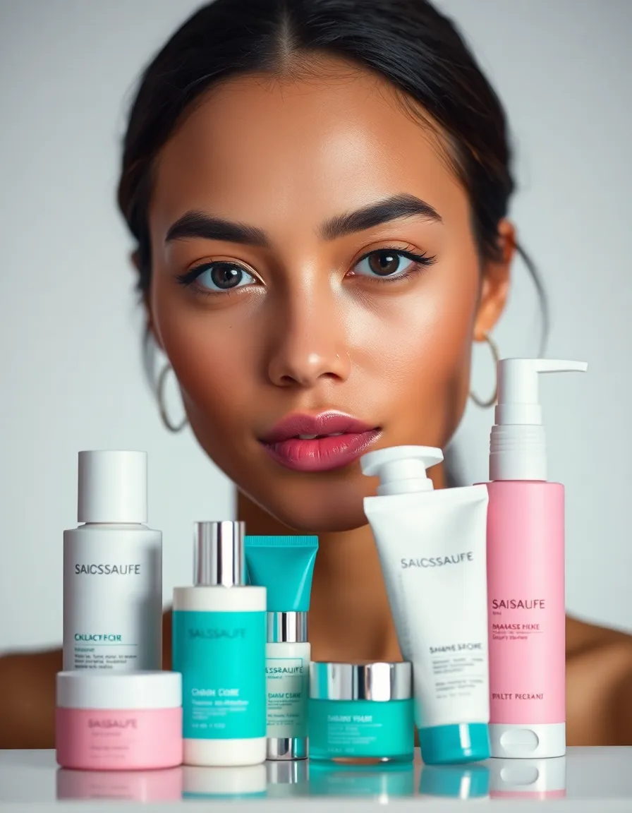 A striking portrait of a model with radiant skin, showcasing a selection of vibrant skincare products. The studio lighting enhances her natural beauty and highlights the textures of the products. With a vibrant color palette of turquoise and soft pink, the image conveys a fresh and modern feel. The model's confident expression showcases the impact of quality skincare.