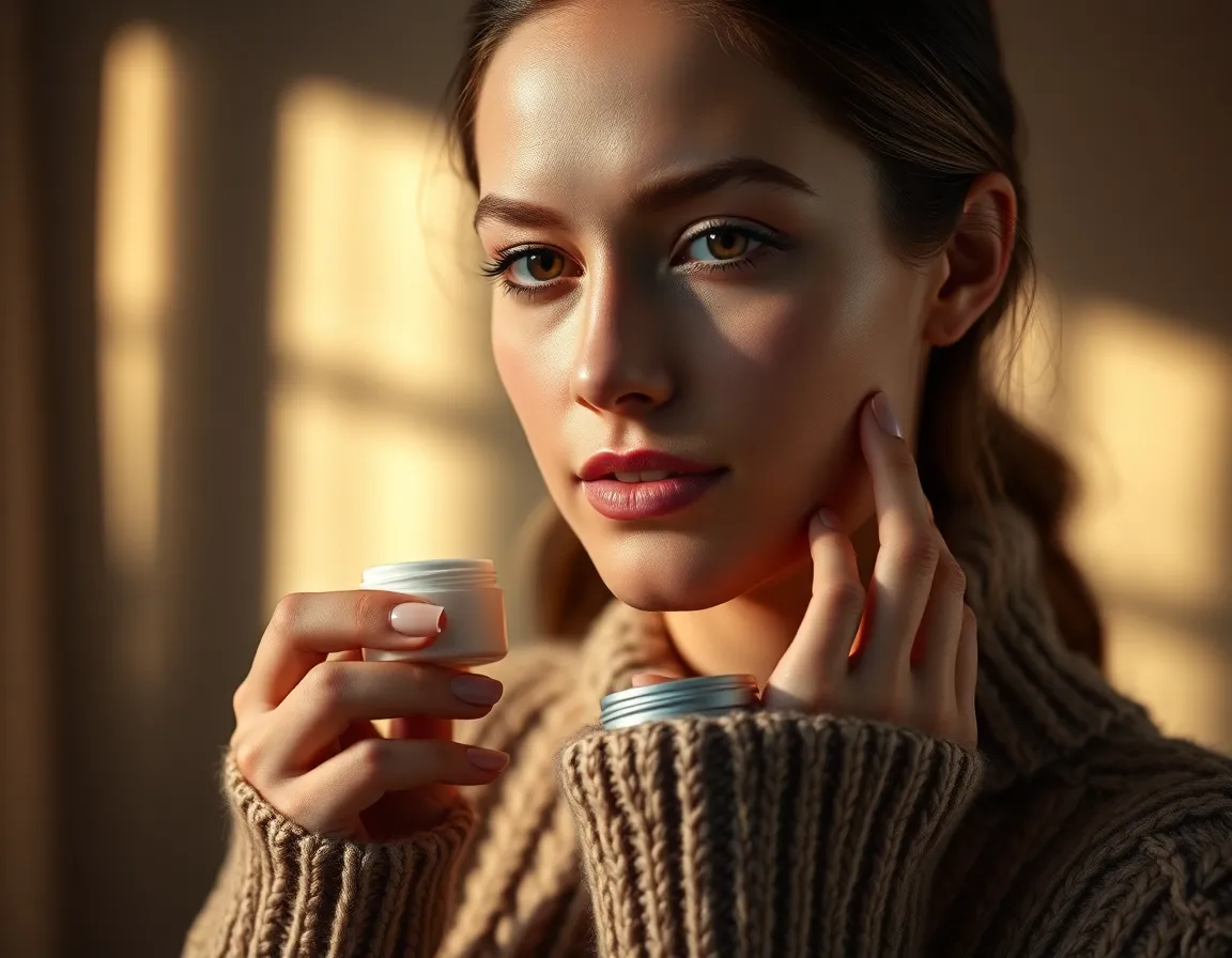 In this striking portrait, a model showcases her skincare routine with a focus on application. The dramatic Rembrandt lighting highlights her features, emphasizing the texture of both the cream and her soft, natural skin. Set against a muted earth-tone background, her cozy knit sweater enhances the moment's intimacy. The compelling composition draws the viewer into her focused expression, providing a glimpse into the art of skincare.