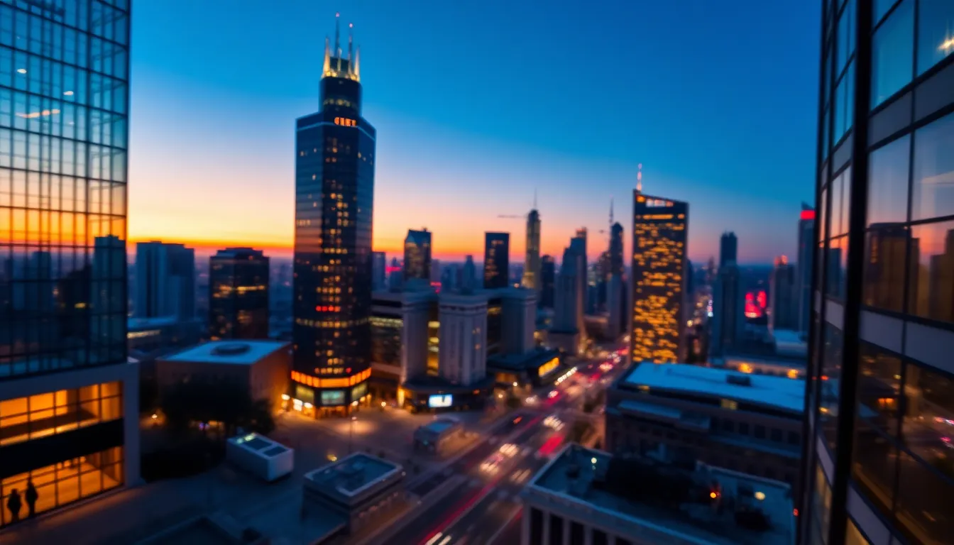 Dusk City Skyline with Vibrant Lights