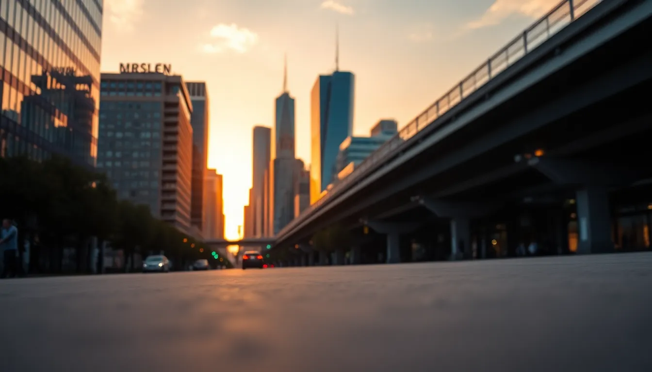 This photorealistic image captures a vibrant city skyline at golden hour. The warm backlighting highlights the intricate details of glass and concrete buildings, creating a stunning contrast against the colorful sunset sky. The foreground's soft bokeh draws attention to the skyline, expertly framed by natural elements. The saturated colors evoke a serene yet dynamic atmosphere, perfect for showcasing urban beauty.
