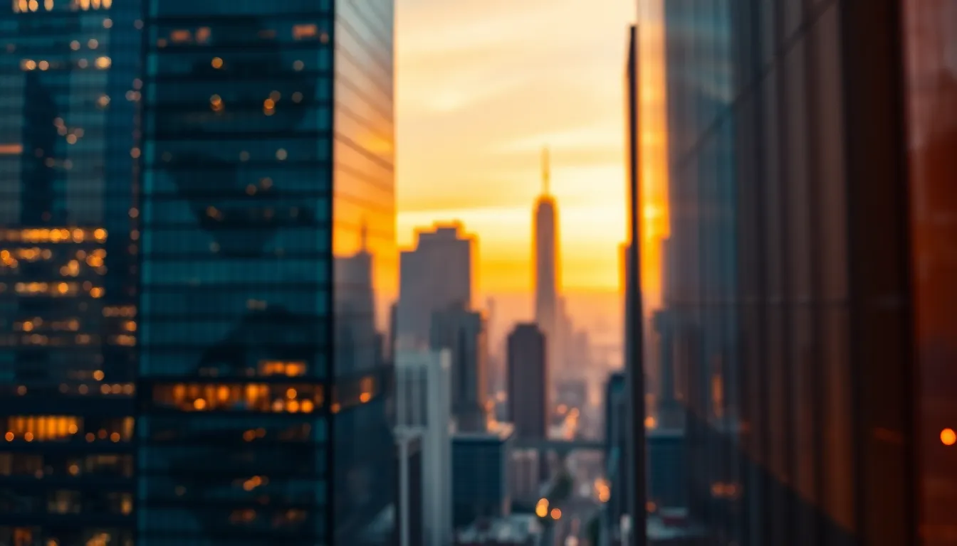 Dusk City Skyline With Sunset Reflections