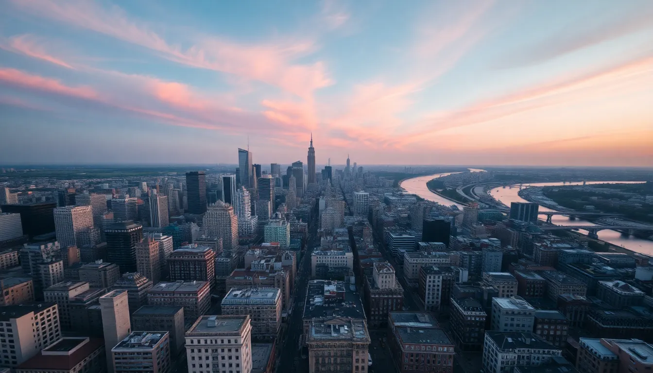 Aerial Dawn View of City Skyline