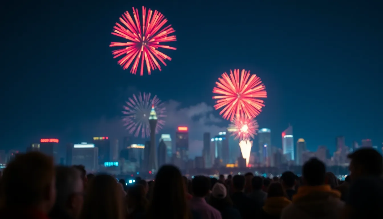 This dynamic image captures a city skyline lit up by vibrant fireworks during a festive celebration. The bright reds and blues of the fireworks contrast beautifully against the deep indigo sky, creating an exhilarating mood. The shallow depth of field draws focus to the jubilant crowd in the foreground, while the skyline serves as a stunning backdrop. This photograph encapsulates the spirit of celebration in an urban setting.