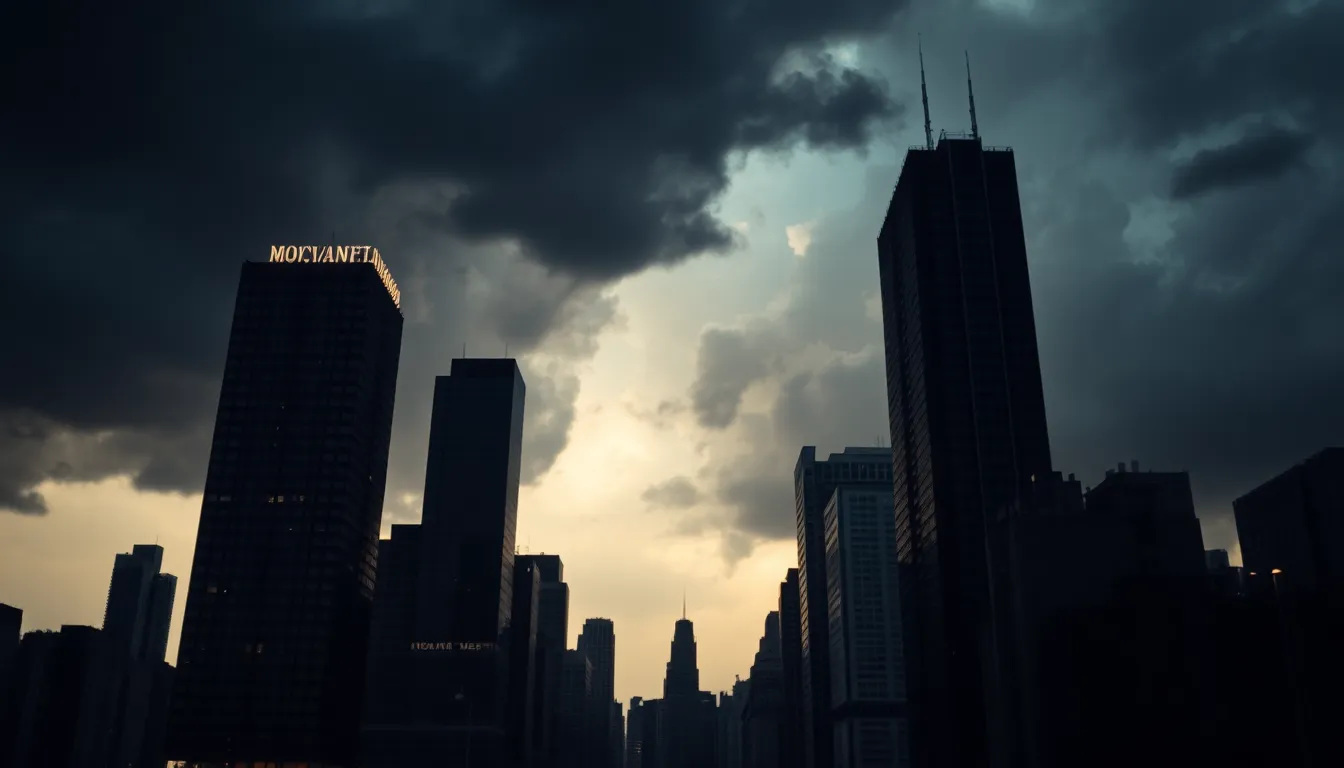This striking image captures a city skyline looming under dark storm clouds, creating a sense of urgency and drama. The buildings are highlighted against the moody backdrop, with Rembrandt lighting adding depth and dimension. The selective focus brings attention to the towering skyscrapers, while the rich color palette enhances the atmosphere. This photograph encapsulates the beauty and tension of a city caught in a storm.