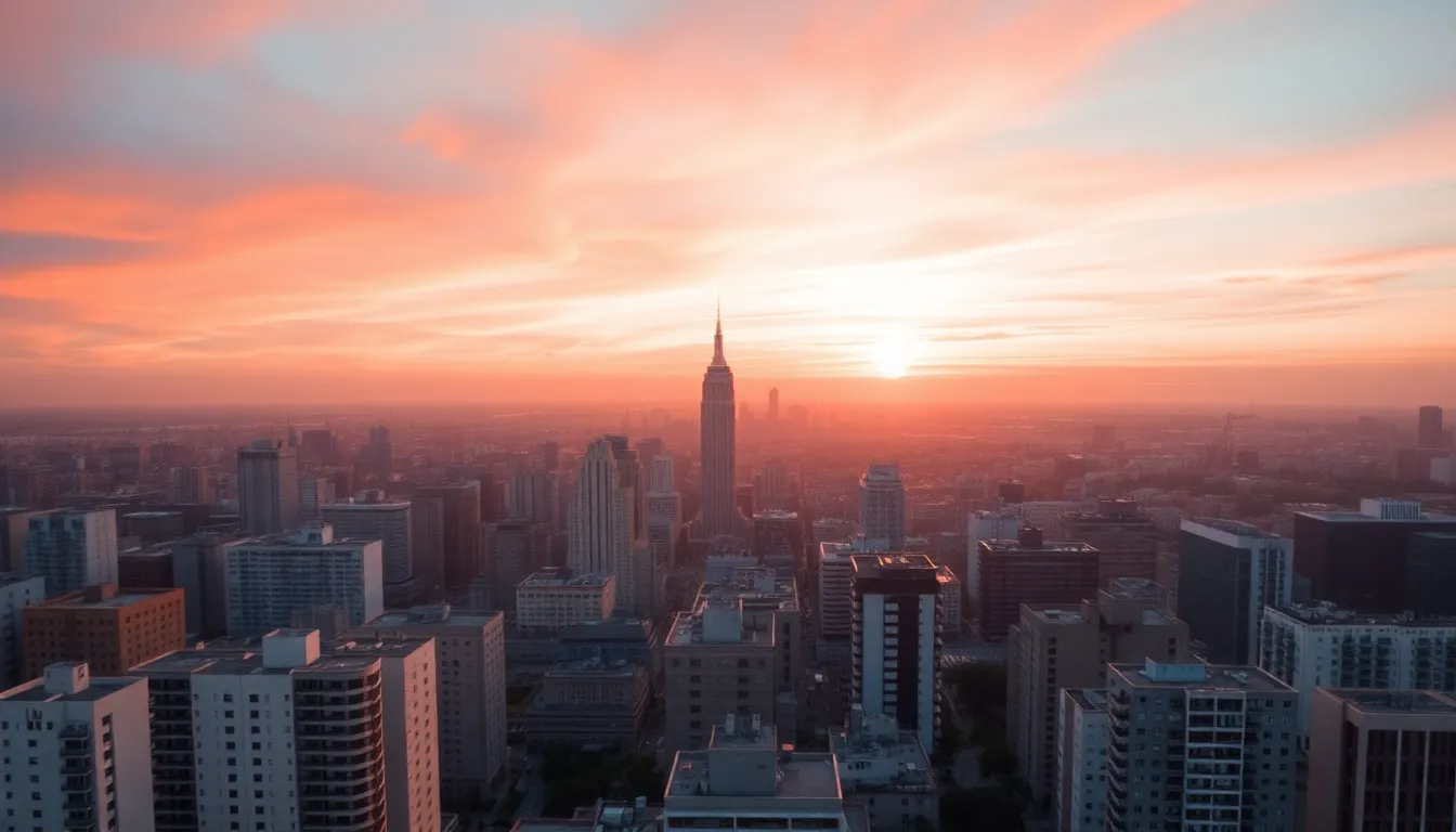 Aerial Sunrise Over City Skyline