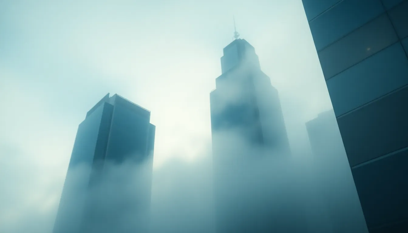 This ethereal image captures a skyline shrouded in early morning fog, where silhouettes of skyscrapers emerge eerily from the mist. The dreamy atmosphere, enhanced by a Dutch angle, creates a sense of intrigue and mystery. Muted blues and greys dominate the color palette, beautifully contrasting with the smooth glass surfaces of the buildings. The shallow depth of field adds a layer of softness, intensifying the dreamlike quality of the scene.