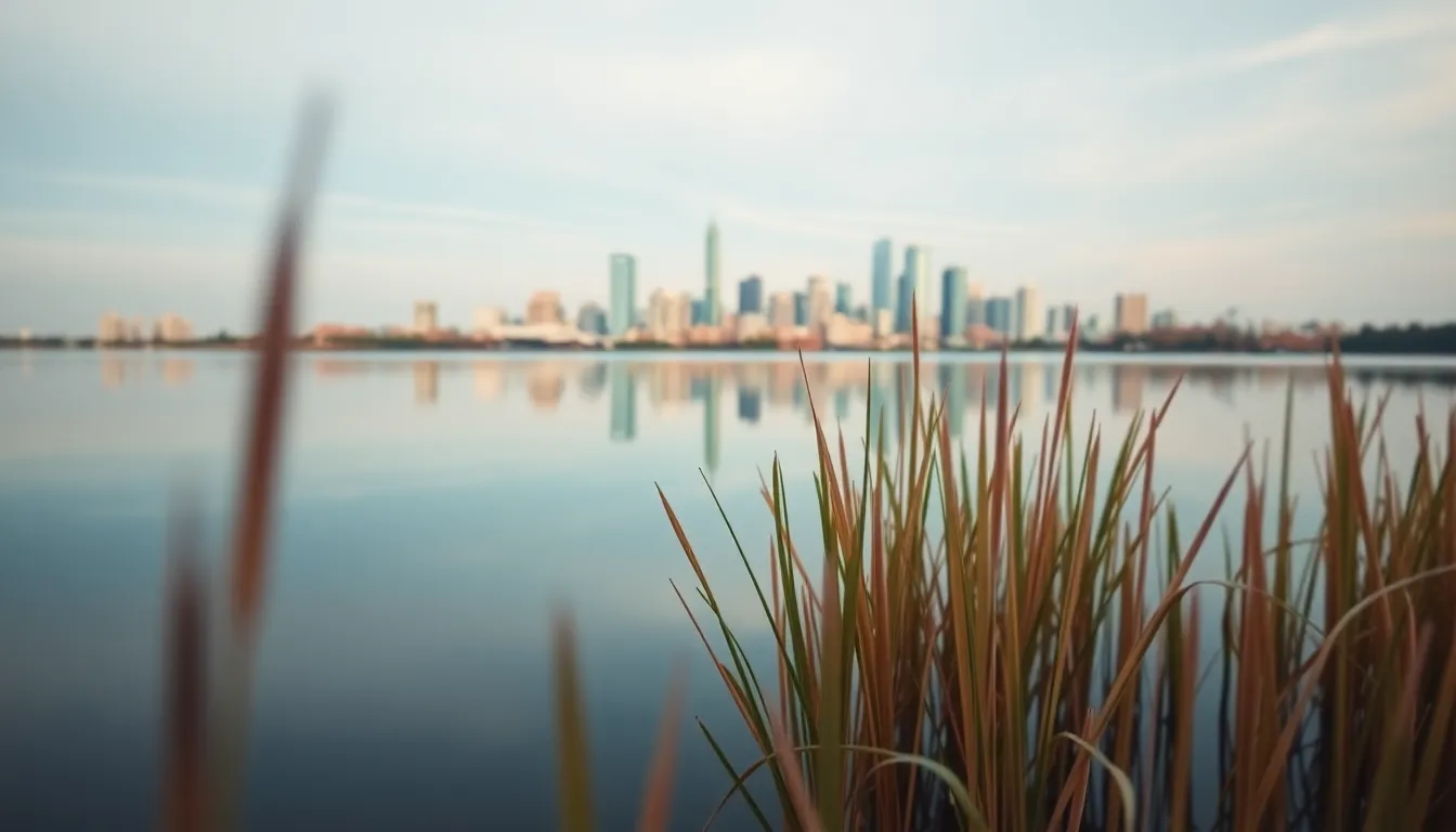 This serene image captures a city skyline reflected in a calm river at dawn, creating a perfect mirror of pastel colors from the early morning sky. The soft and diffused lighting enhances the tranquil mood, with the shallow depth of field blurring the foreground reeds while keeping the skyline in sharp focus. The natural muted tones evoke peace and harmony, while the symmetrical composition accentuates the beauty of the reflection on the water's surface.