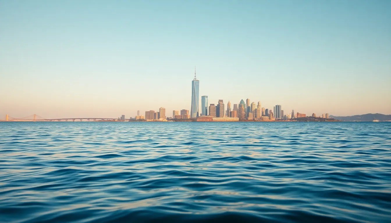This stunning image captures a city skyline reflected in calm waters during blue hour. The serene and desaturated color palette evokes a sense of tranquility, while the rule of thirds composition draws the viewer's eye across the harmonious landscape. Textures of the buildings are beautifully highlighted, creating a seamless blend between city and reflection, offering a moment of peace in an urban setting.