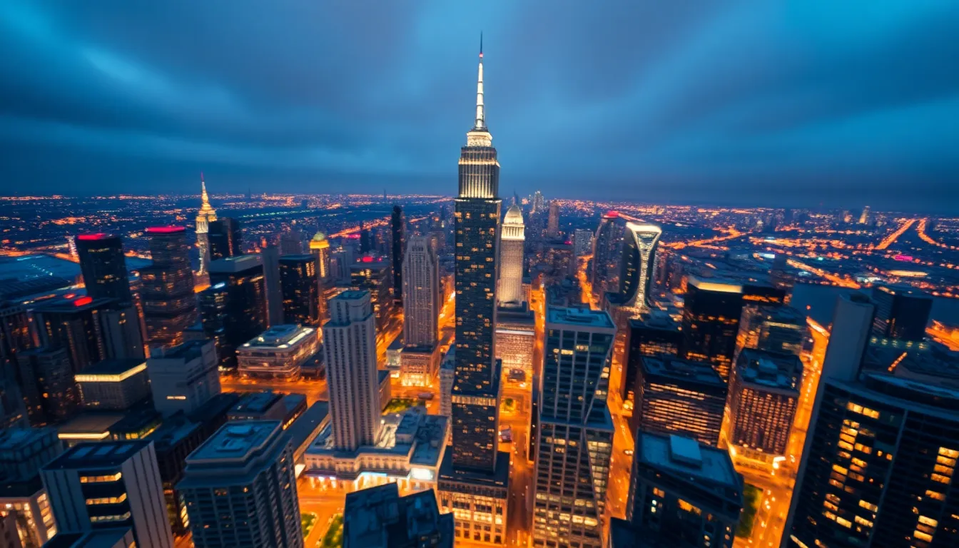 This stunning aerial view captures a modern city skyline at twilight, with an ethereal glow from the variety of colorful lights adorning the buildings. The overcast twilight lighting creates a soft, diffused ambiance that enriches the scene. With a shallow depth of field isolating the skyscrapers against a dreamy background blur, the deep blues and golds emphasize the luxurious atmosphere of the urban landscape. A dynamic Dutch angle composition adds a touch of creative flair to this captivating view.
