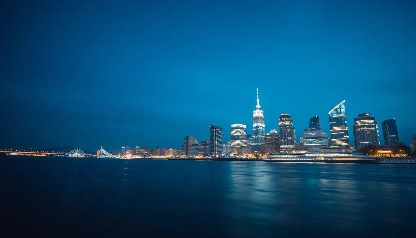 Dusk Skyline with Illuminated Reflections