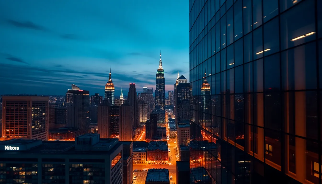This dynamic image showcases a city skyline at twilight, where the first lights of evening illuminate the urban landscape. The shallow focus on the skyline accentuates the vibrant reflections in glass surfaces, while the cinematic color grading enhances the atmospheric tension. Centered symmetry in the composition heightens the visual impact, inviting viewers into the enchanting city night.