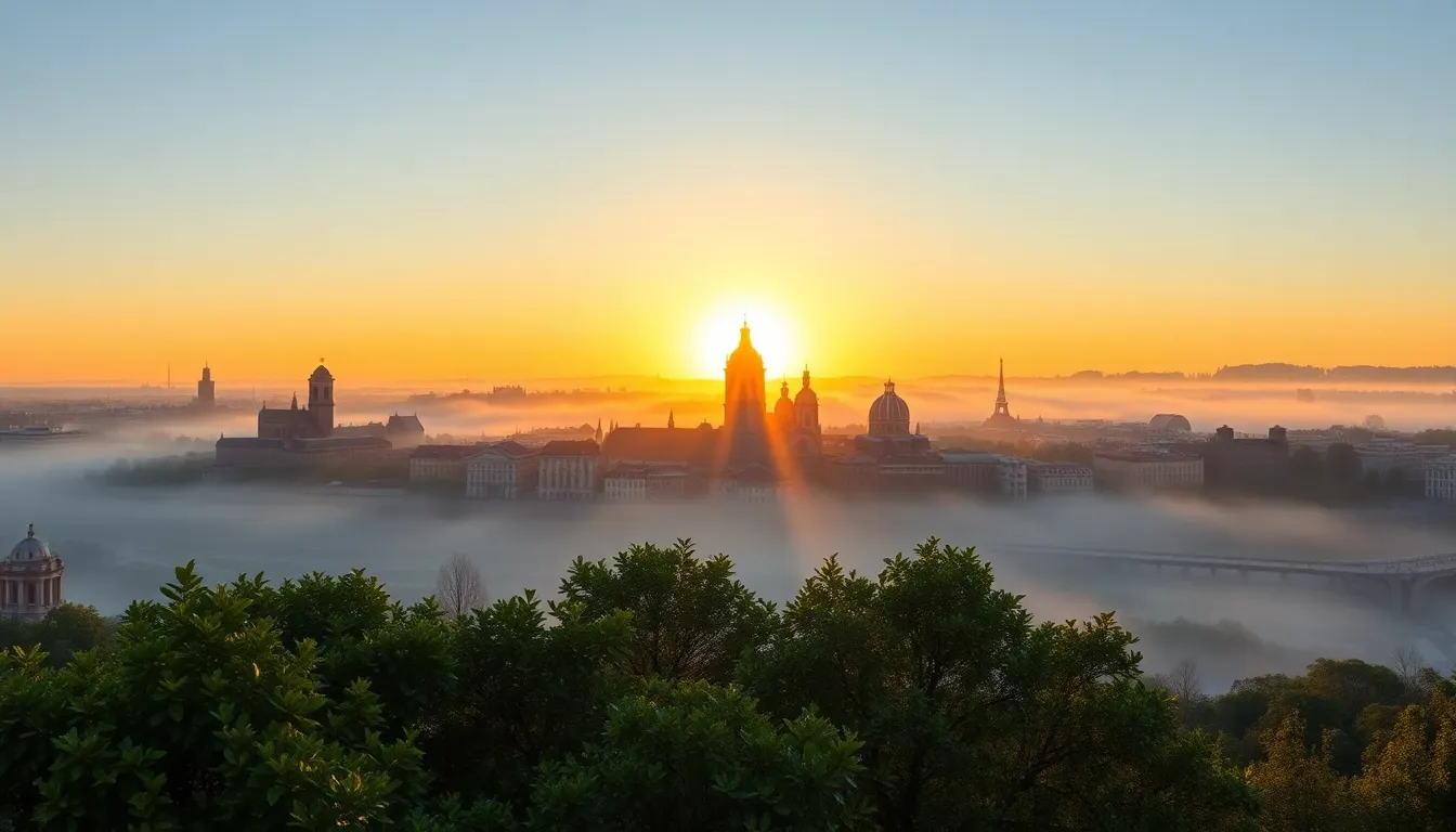 Historic Skyline at Sunrise with Morning Mist