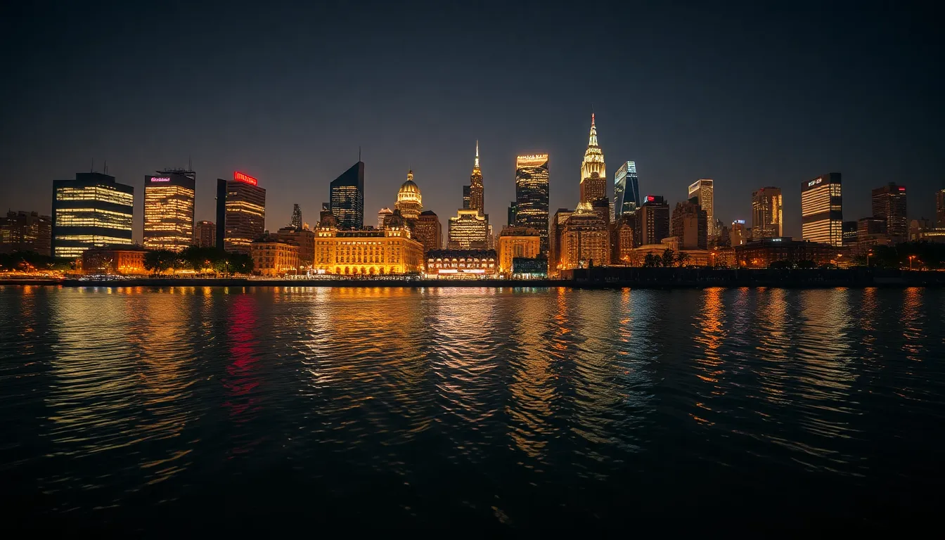 Night Skyline Reflections Over River