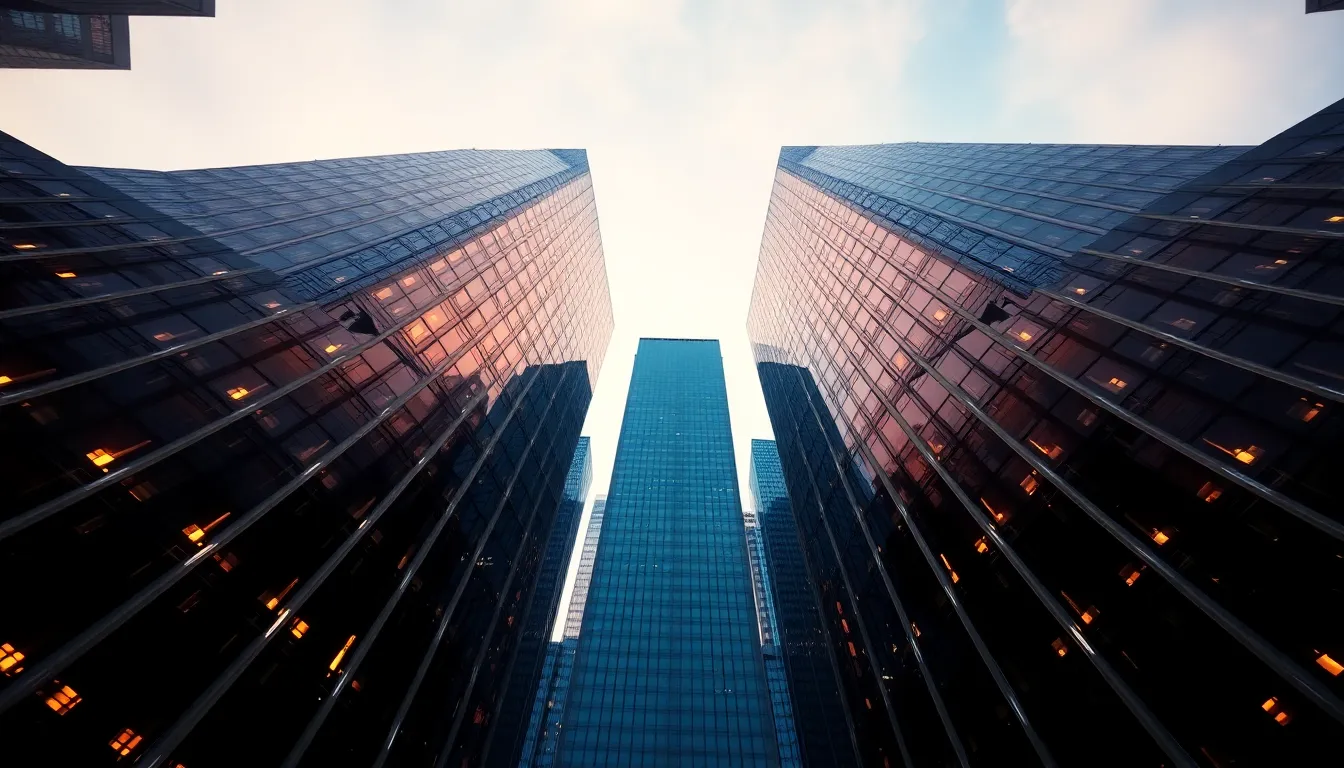 This image beautifully captures a city skyline at twilight, showcasing the rich details of skyscrapers glistening in the fading light. The transition of colors from warm orange to deep blue creates a tranquil atmosphere, while the symmetrical composition highlights the architectural design. The intricate textures of the buildings' surfaces add visual interest, illustrating the beauty found in urban landscapes as day turns to night.