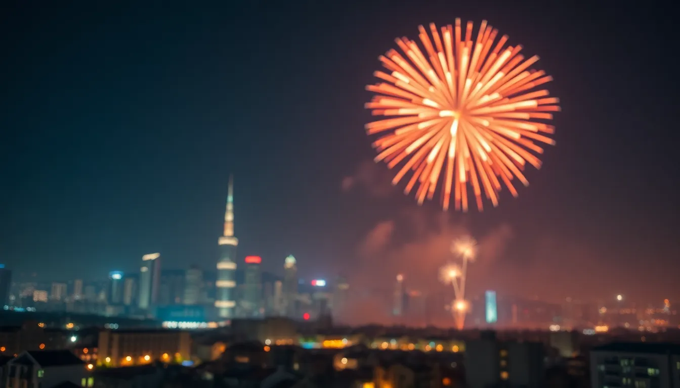 Fireworks Over the Urban Skyline at Night