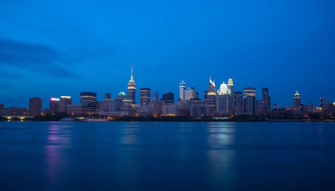 City Skyline at Dusk with Reflected Lights