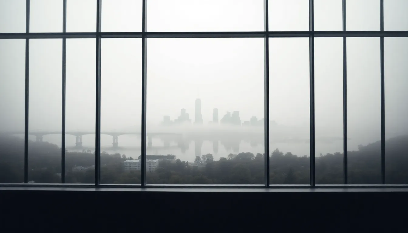 Misty Morning City Skyline Reflection