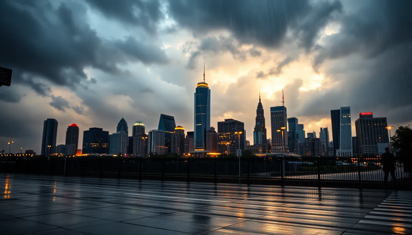 Rainy City Skyline with Dramatic Clouds This photograph beautifully portrays a city skyline amidst a rain shower, with dramatic storm clouds looming overhead. Reflections shimmer on the wet pavement, adding depth and visual interest to the scene. The contrast between the dark weather and warm city lights creates a moody yet captivating atmosphere. With its shallow depth of field, the image highlights the raindrops in the foreground, drawing the viewer into the urban landscape.