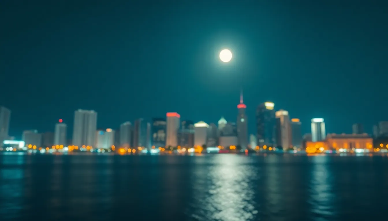 Vibrant Night Skyline with Reflections This captivating nighttime skyline showcases a city alive with lights, reflecting beautifully on the tranquil waters below. The full moon casts a soft glow, enhancing the vibrant hues of the illuminated buildings. With a selective focus on the foreground elements, the image invites viewers into the bustling urban landscape. The rich teal and orange tones create a cinematic feel, perfect for media use.